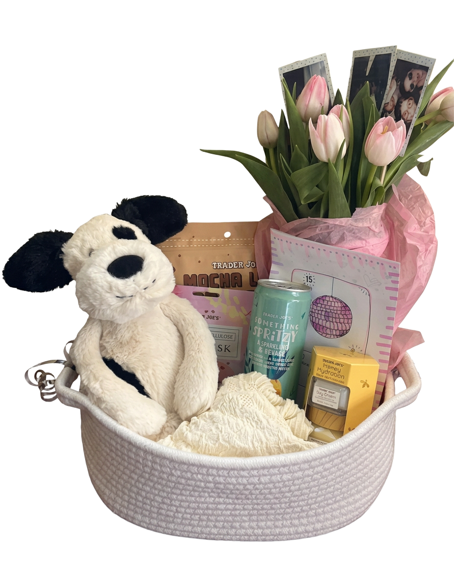 Puppy & tulips basket